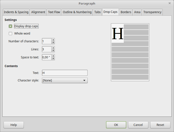 Paragraph formatting options window